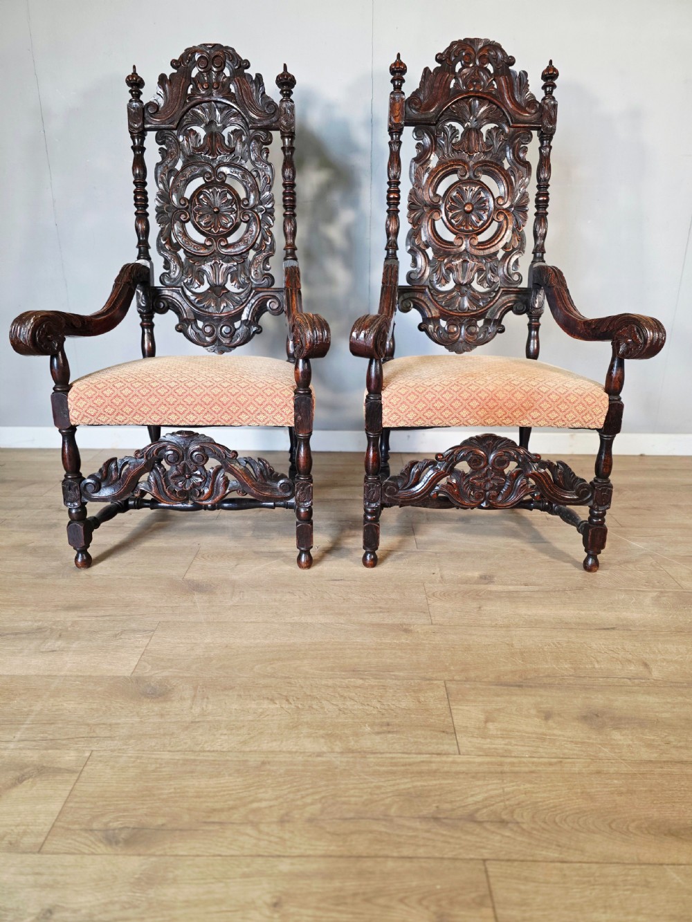 1890 Pair of Victorian Oak Jacobean Rivival Armchairs  View II