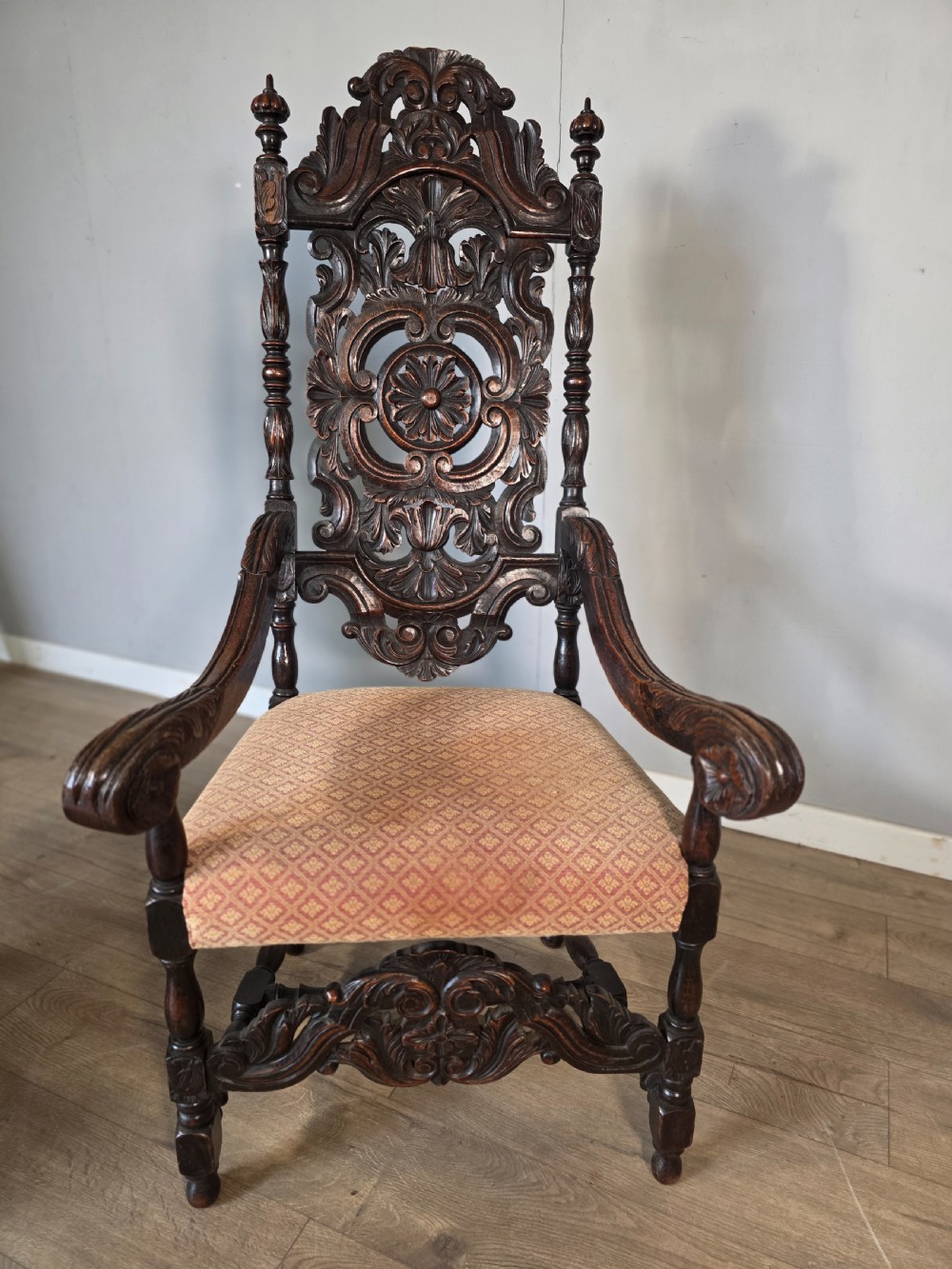 1890 Pair of Victorian Oak Jacobean Rivival Armchairs  View IV