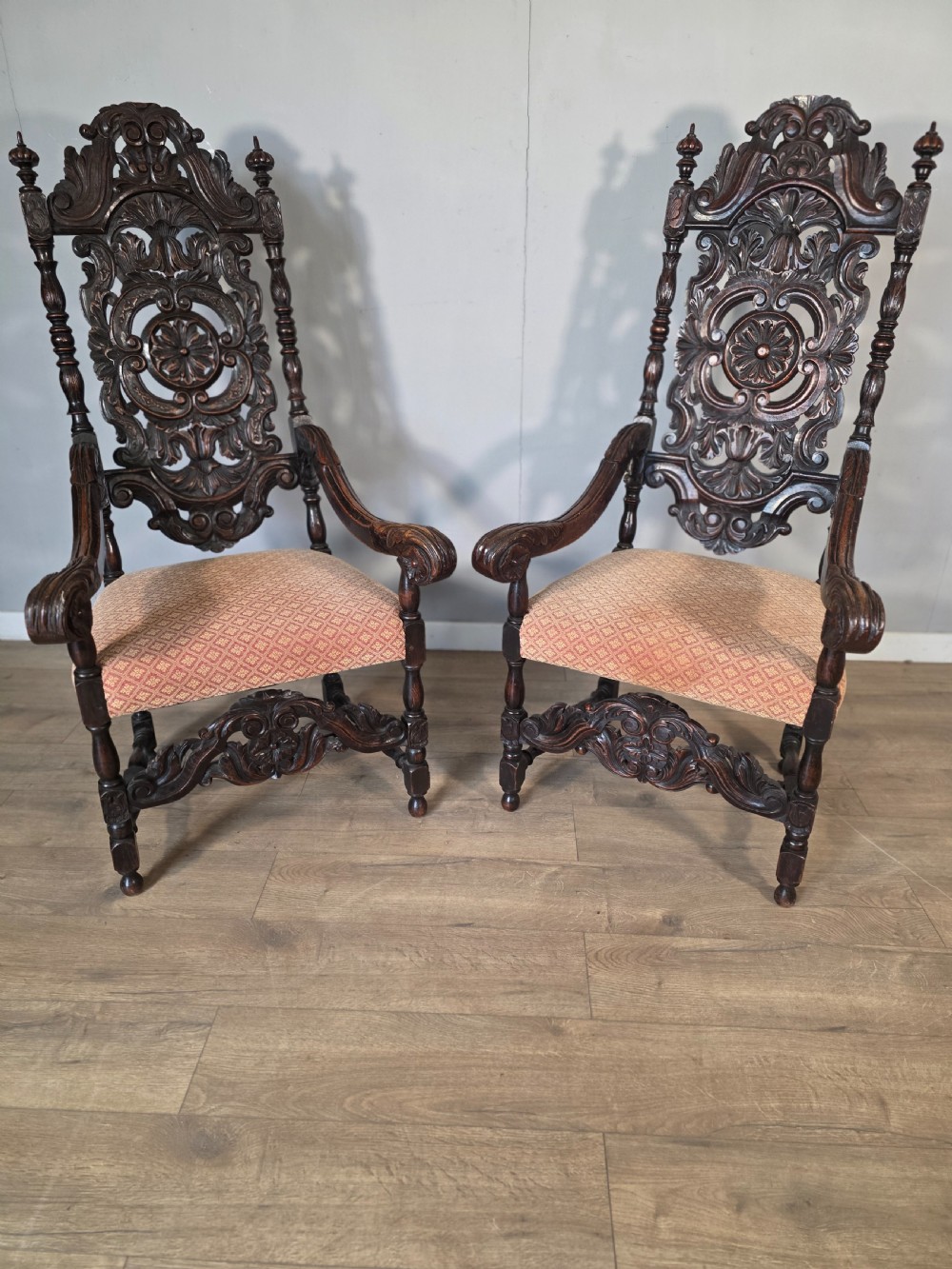 1890 Pair of Victorian Oak Jacobean Rivival Armchairs  View VI