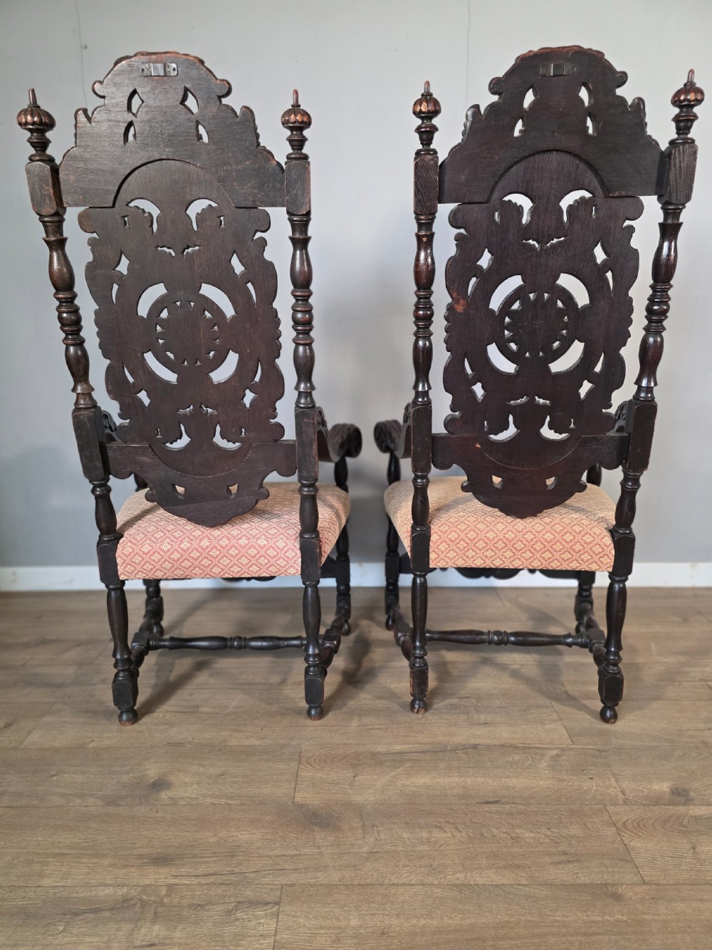 1890 Pair of Victorian Oak Jacobean Rivival Armchairs  View IX