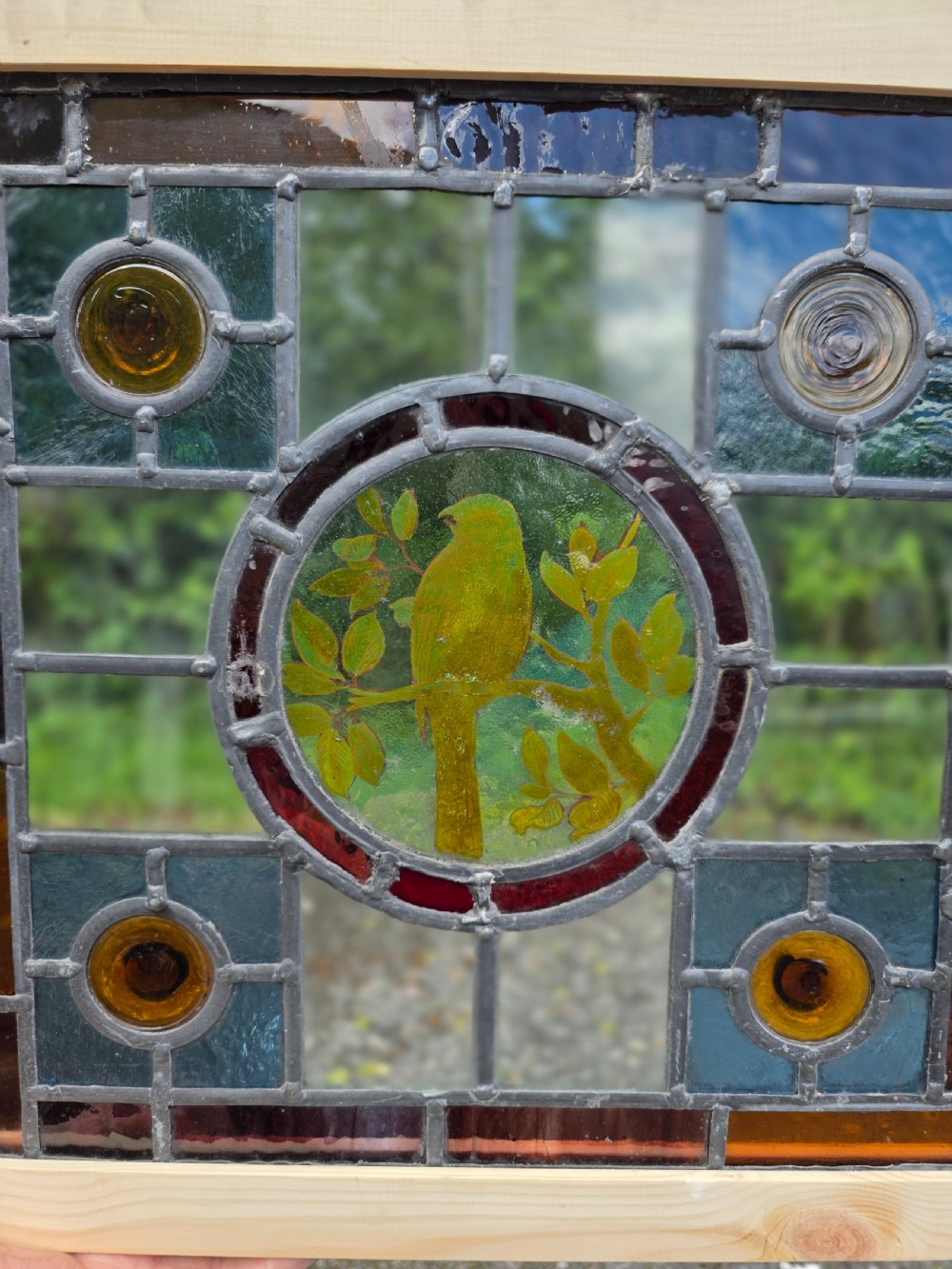 A square leaded stained glass panel featuring a central circular painted yellow bird on a branch, four amber bullseye roundels, and a light wood frame. View II