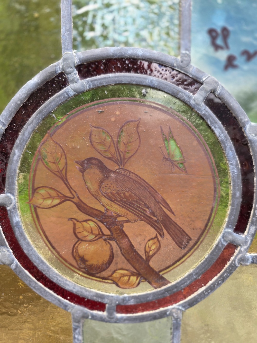 A square Edwardian leaded glass panel featuring a central hand-painted roundel of a bird on a branch surrounded by geometric green and amber glass within a timber frame. View II