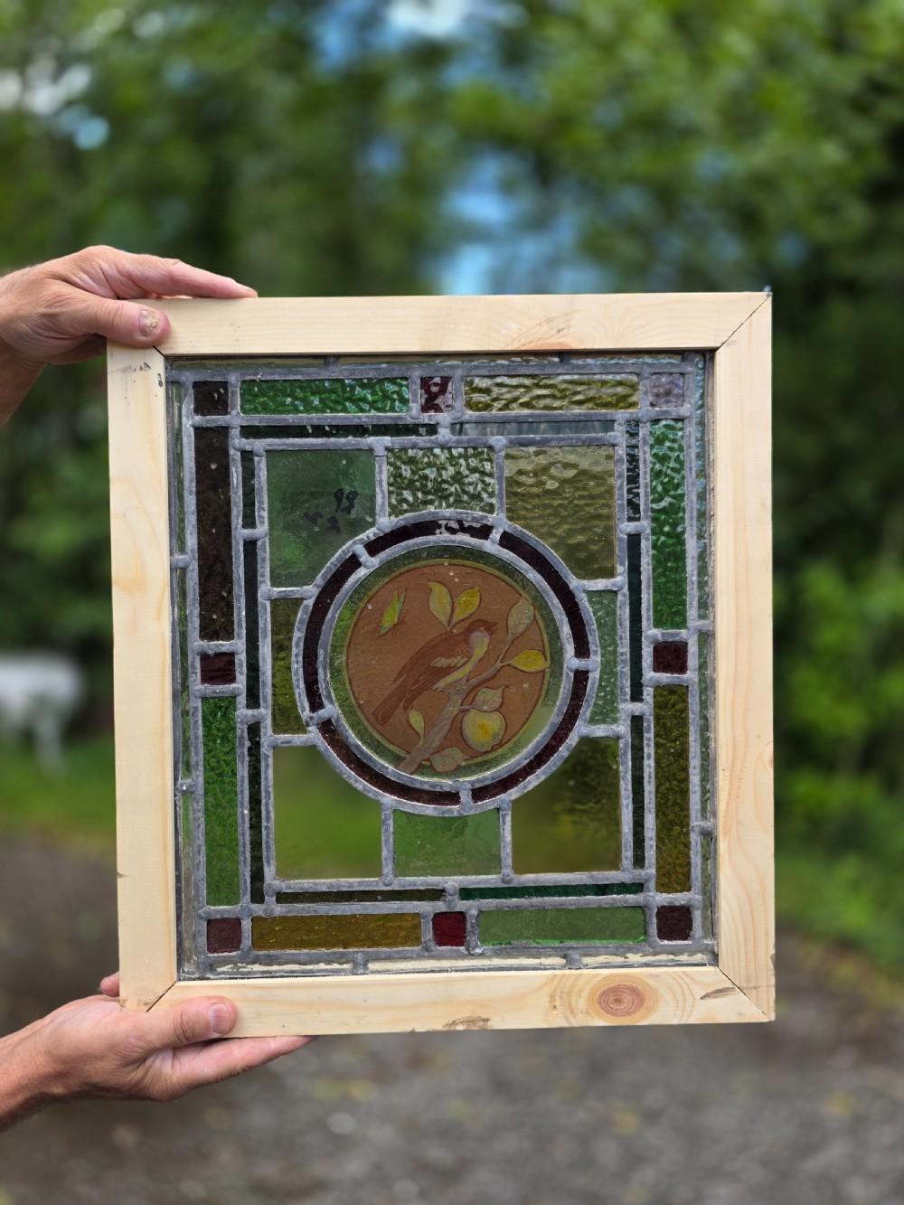 A square Edwardian leaded glass panel featuring a central hand-painted roundel of a bird on a branch surrounded by geometric green and amber glass within a timber frame. View III