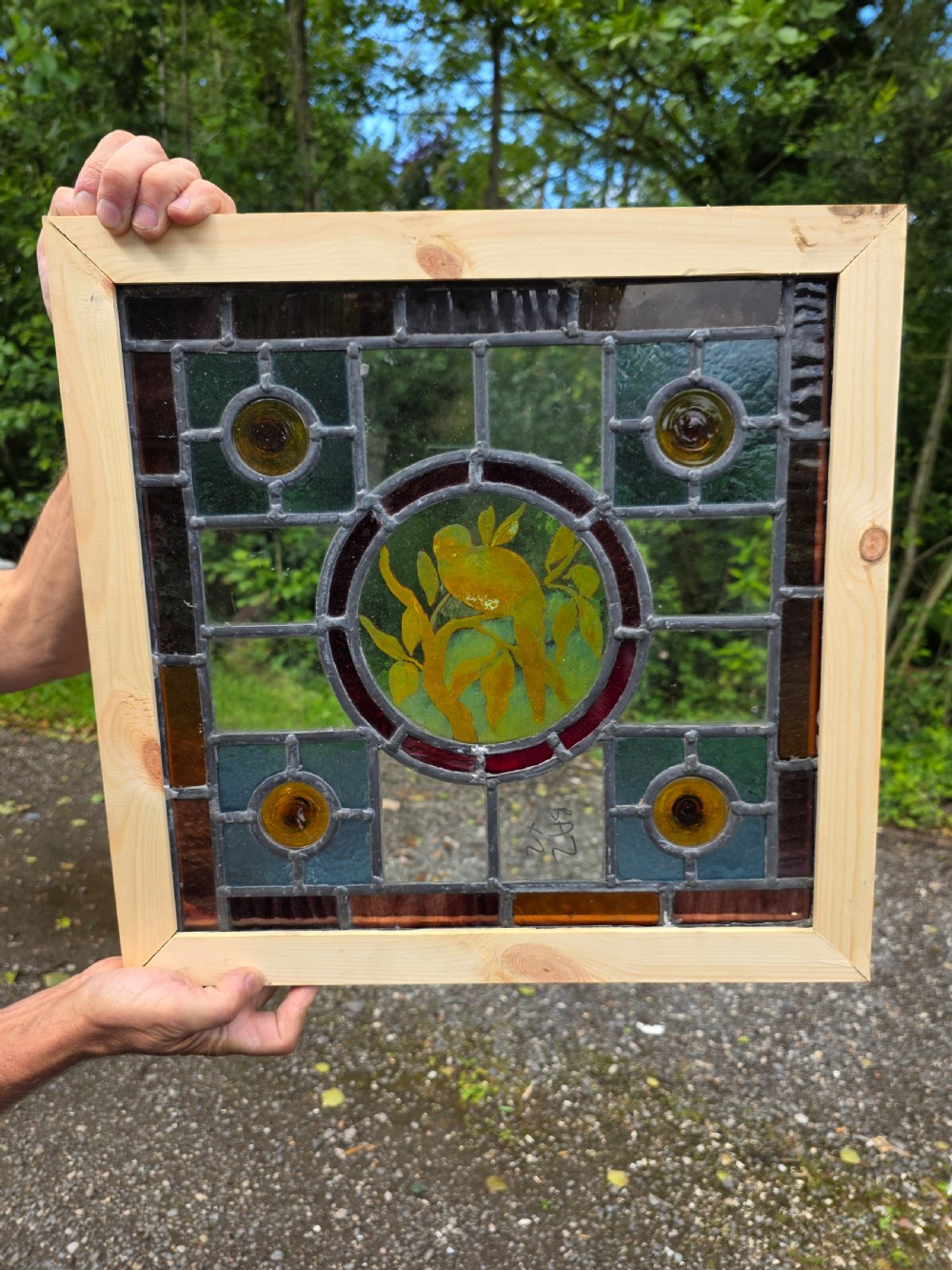 A square Edwardian leaded stained glass window featuring a central circular roundel painted with a green bird on a branch, surrounded by four amber bullseyes. View IV