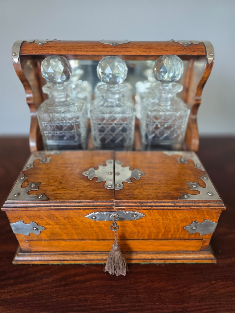 Antique oak 3 decanter tantalus  View II