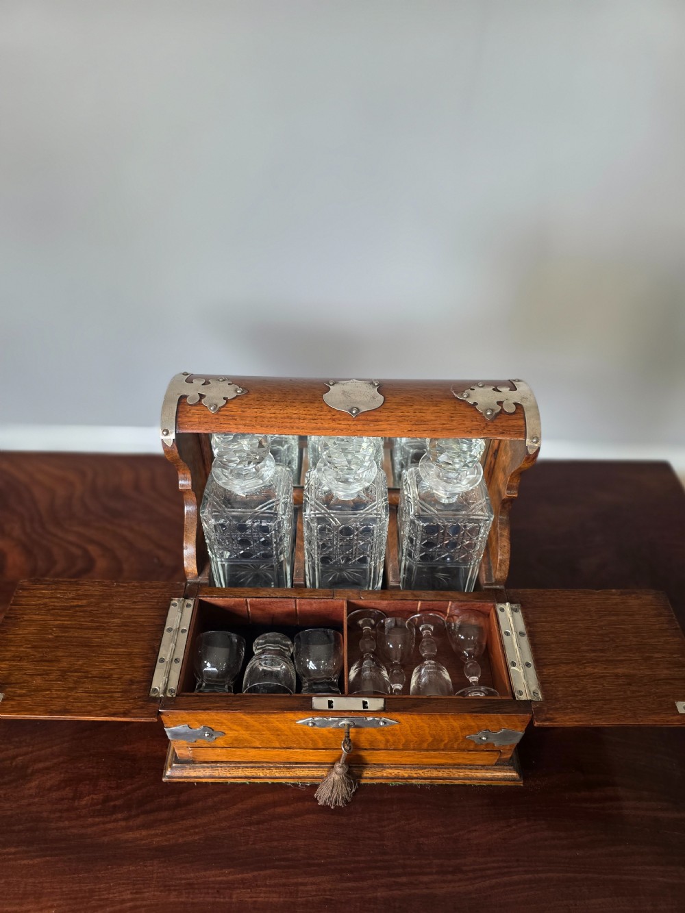 Antique oak 3 decanter tantalus  View V