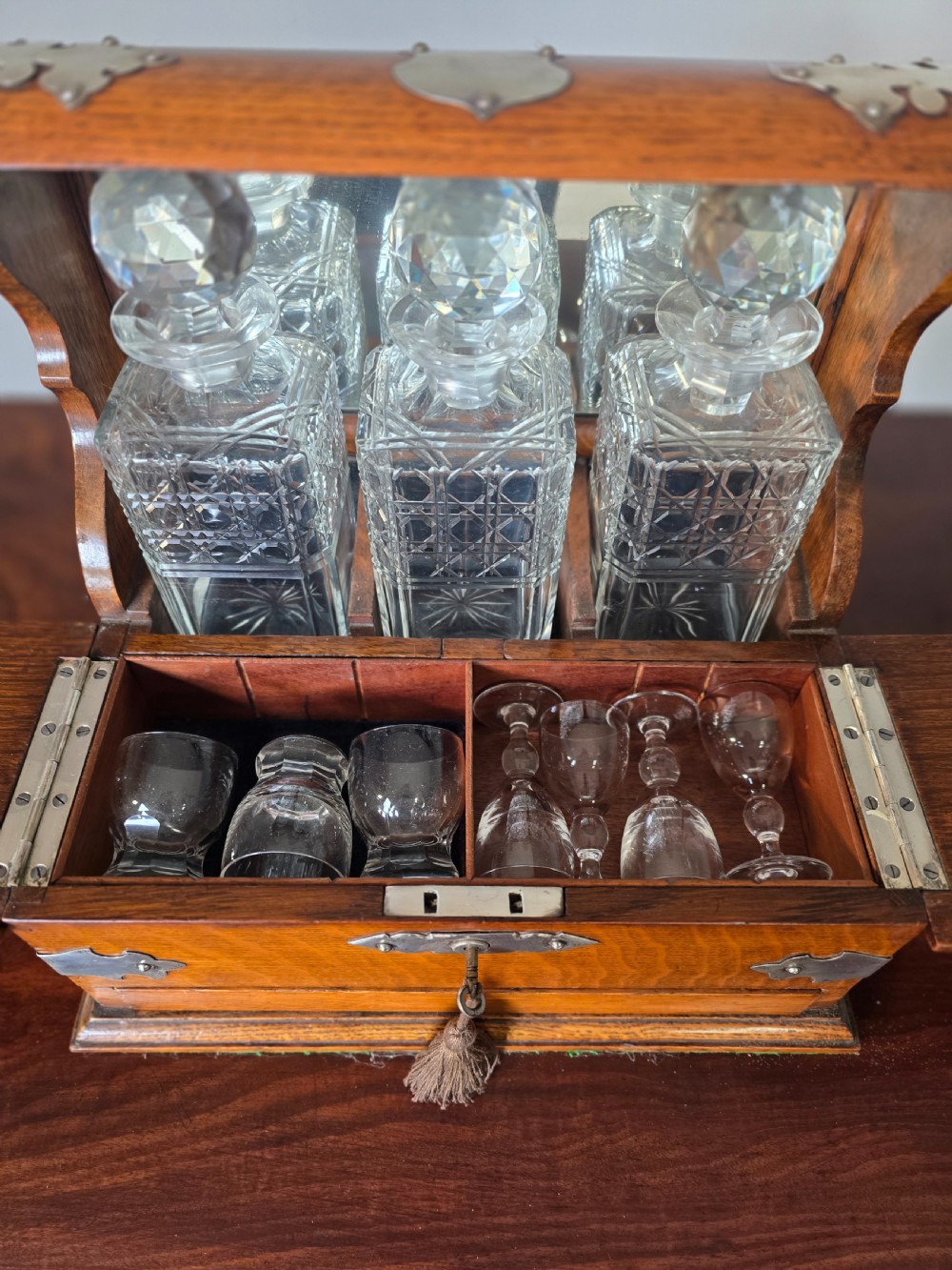 Antique oak 3 decanter tantalus  View VI