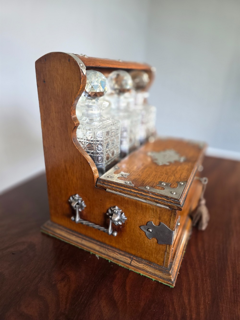 Antique oak 3 decanter tantalus  View X