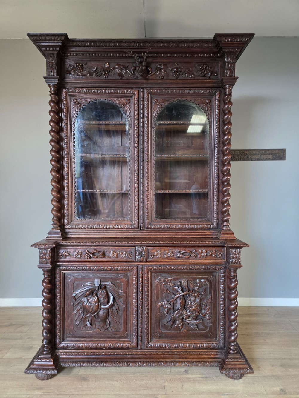 1880 French Carved Hunt Bookcase 