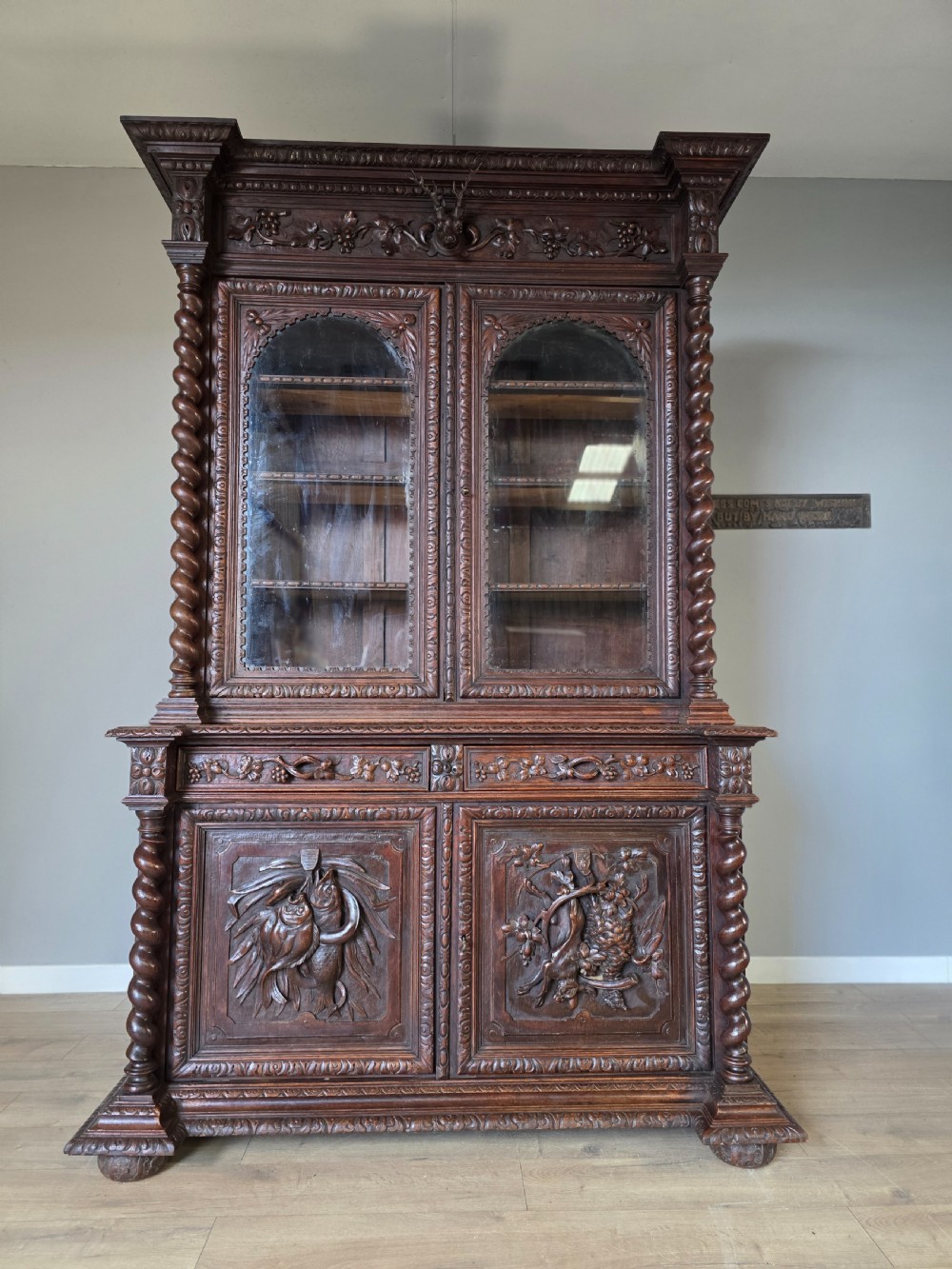 1880 French Carved Hunt Bookcase  View II