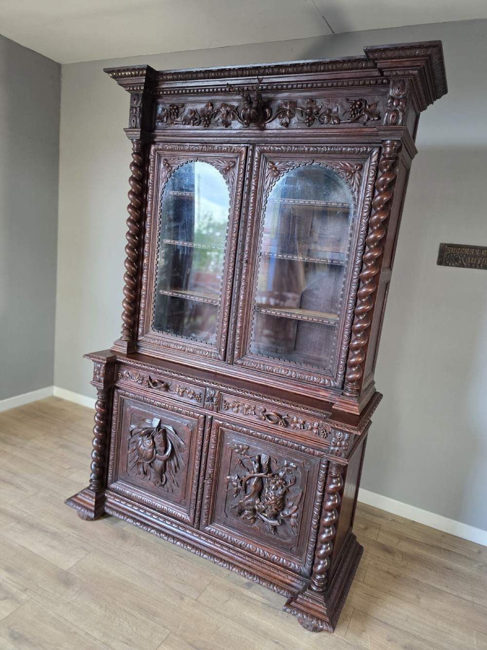 1880 French Carved Hunt Bookcase  View III
