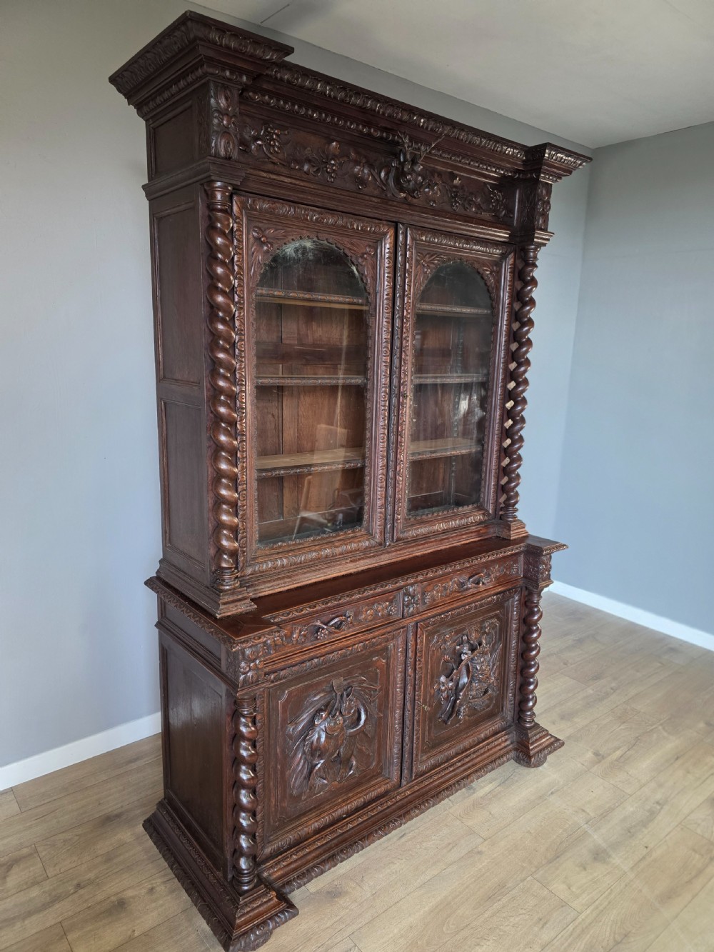 1880 French Carved Hunt Bookcase  View IV
