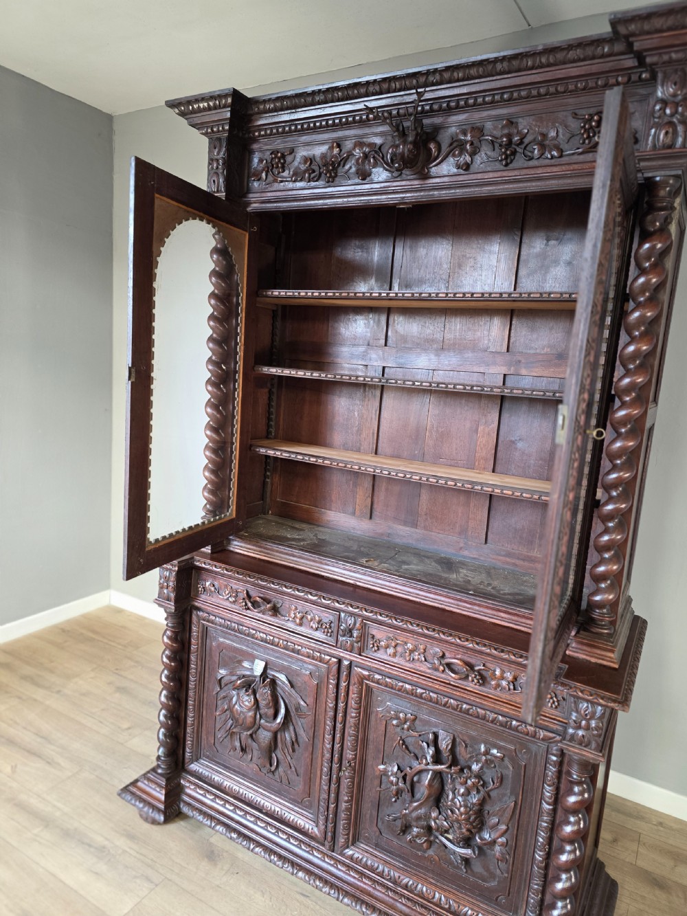 1880 French Carved Hunt Bookcase  View XV
