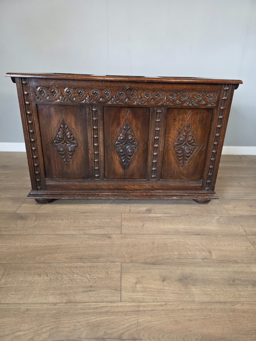Antique Solid Oak Jacobean Blanket Box  View II