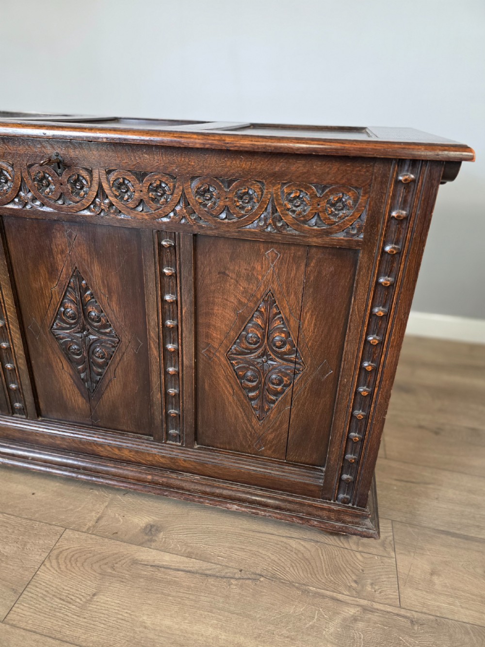 Antique Solid Oak Jacobean Blanket Box  View VI