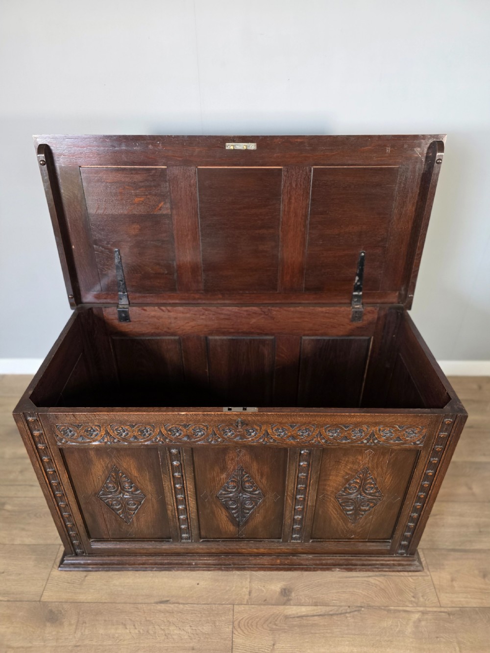 Antique Solid Oak Jacobean Blanket Box  View VIII