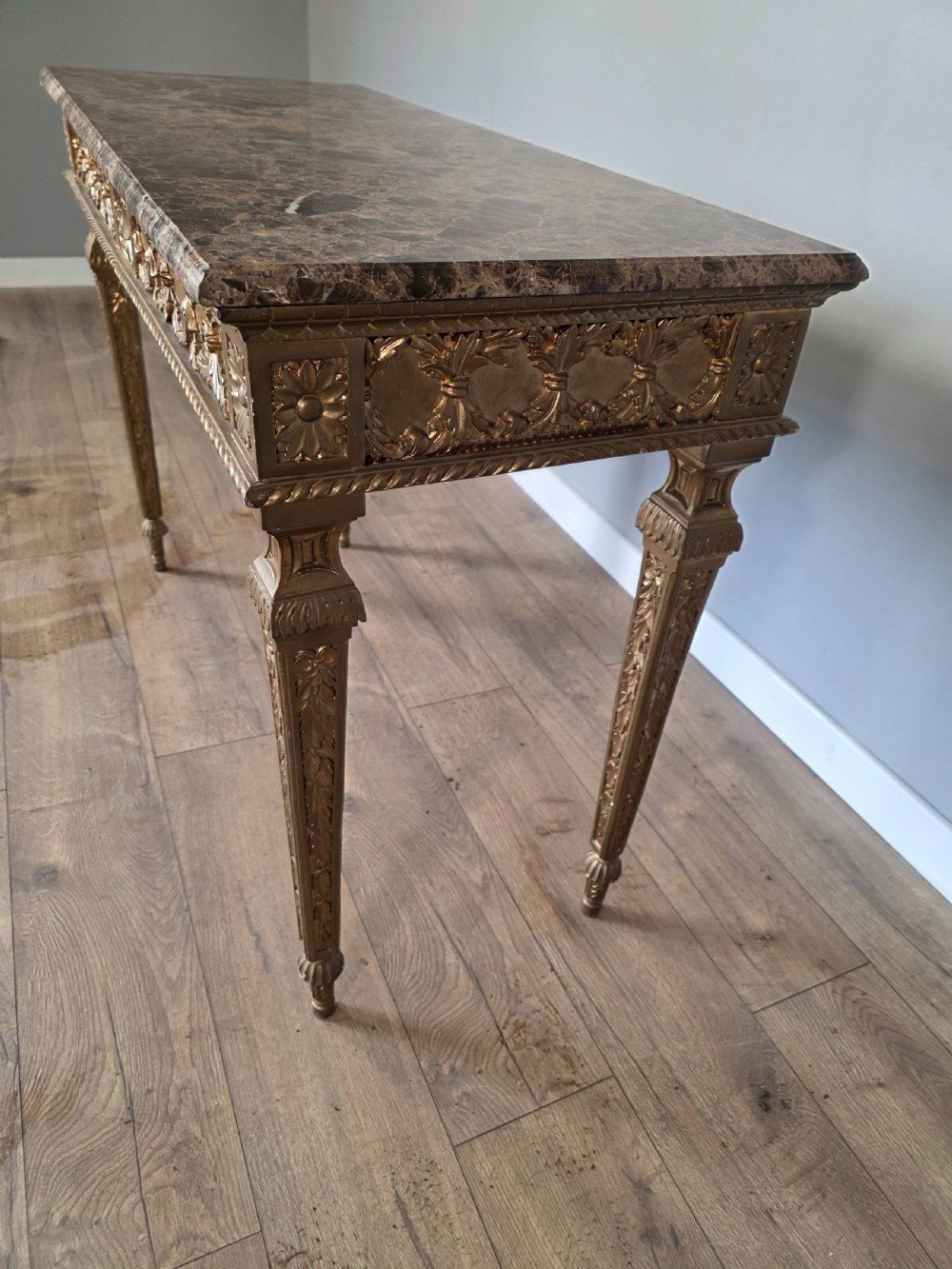Mid-Century Console Table in Marble and Gilded Wood  View XIII