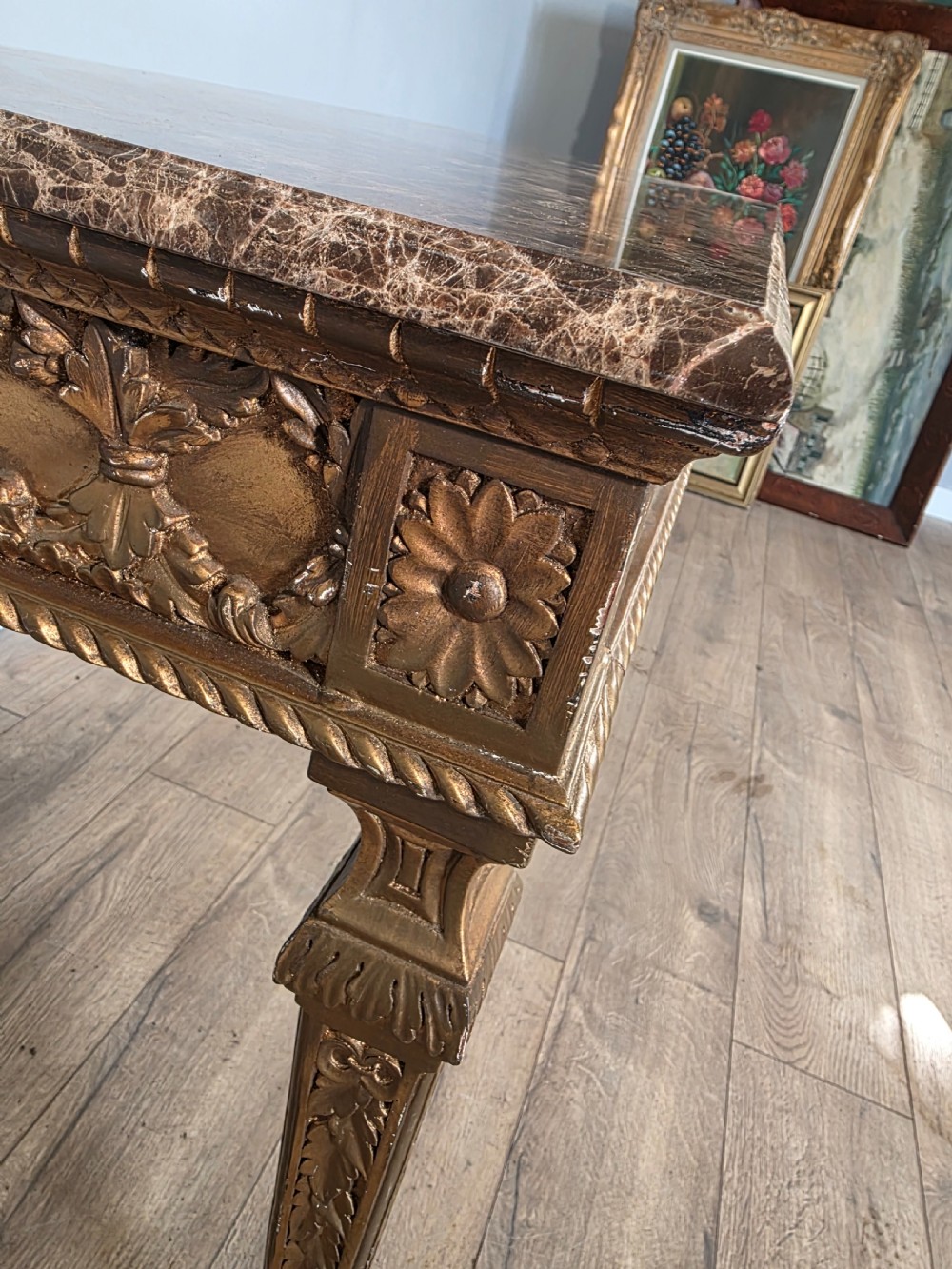 Mid-Century Console Table in Marble and Gilded Wood  View XV