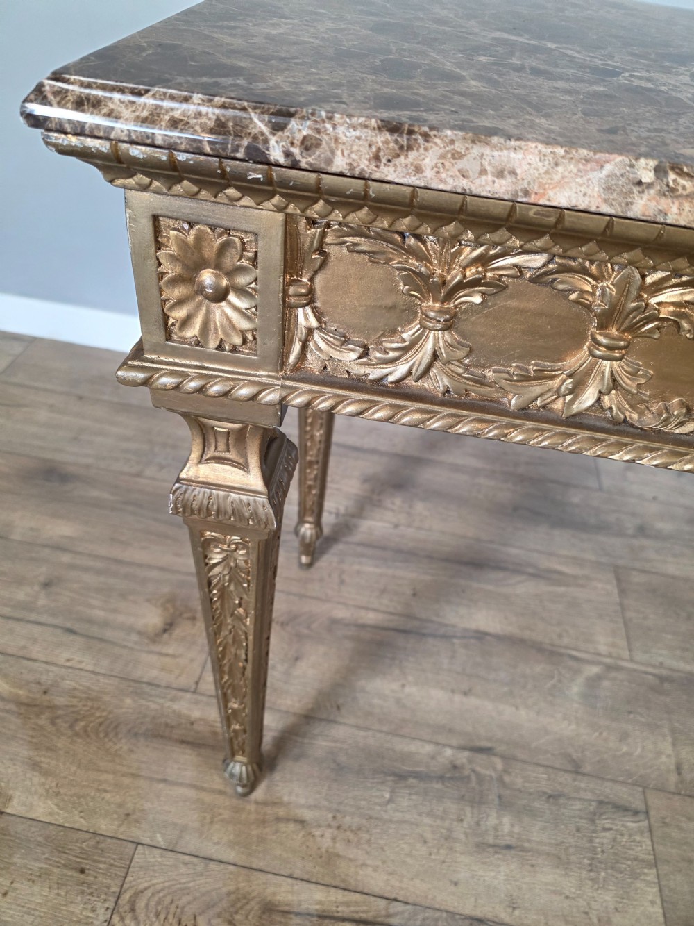 Mid-Century Console Table in Marble and Gilded Wood  View XVI