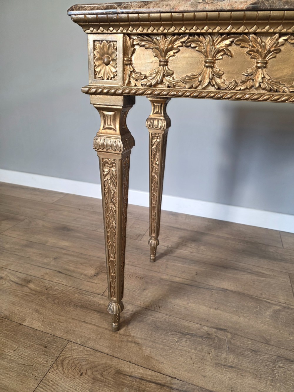 Mid-Century Console Table in Marble and Gilded Wood  View XVIII
