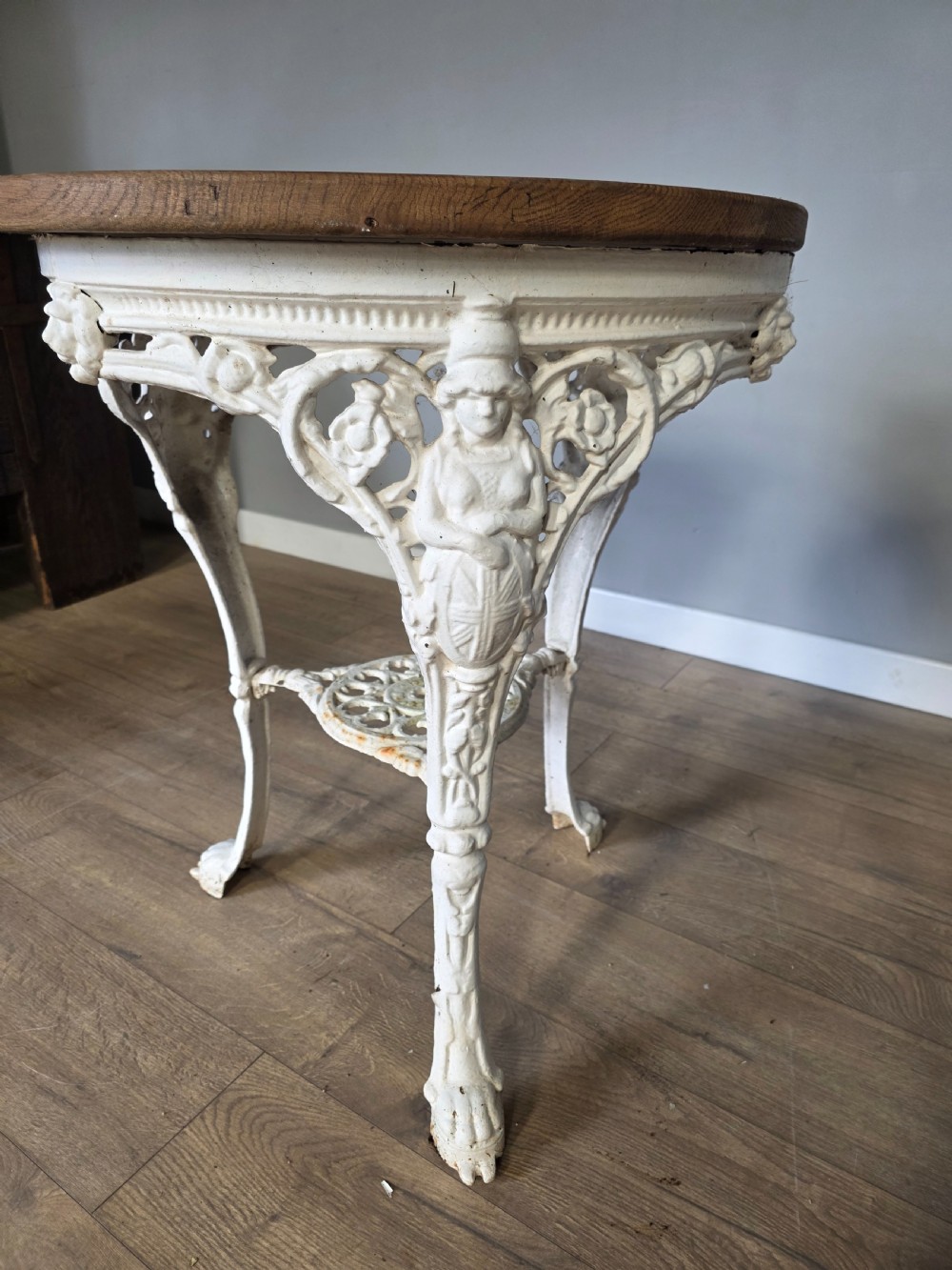 Near Pair Of Cast Iron Victorian Britannia Pub Tables with Matching Solid Oak Tops.  View VIII