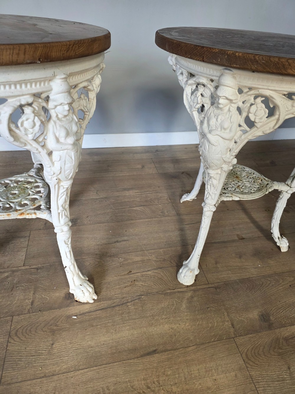 Near Pair Of Cast Iron Victorian Britannia Pub Tables with Matching Solid Oak Tops.  View X