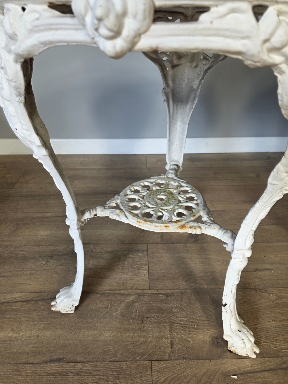 Near Pair Of Cast Iron Victorian Britannia Pub Tables with Matching Solid Oak Tops.  View XI