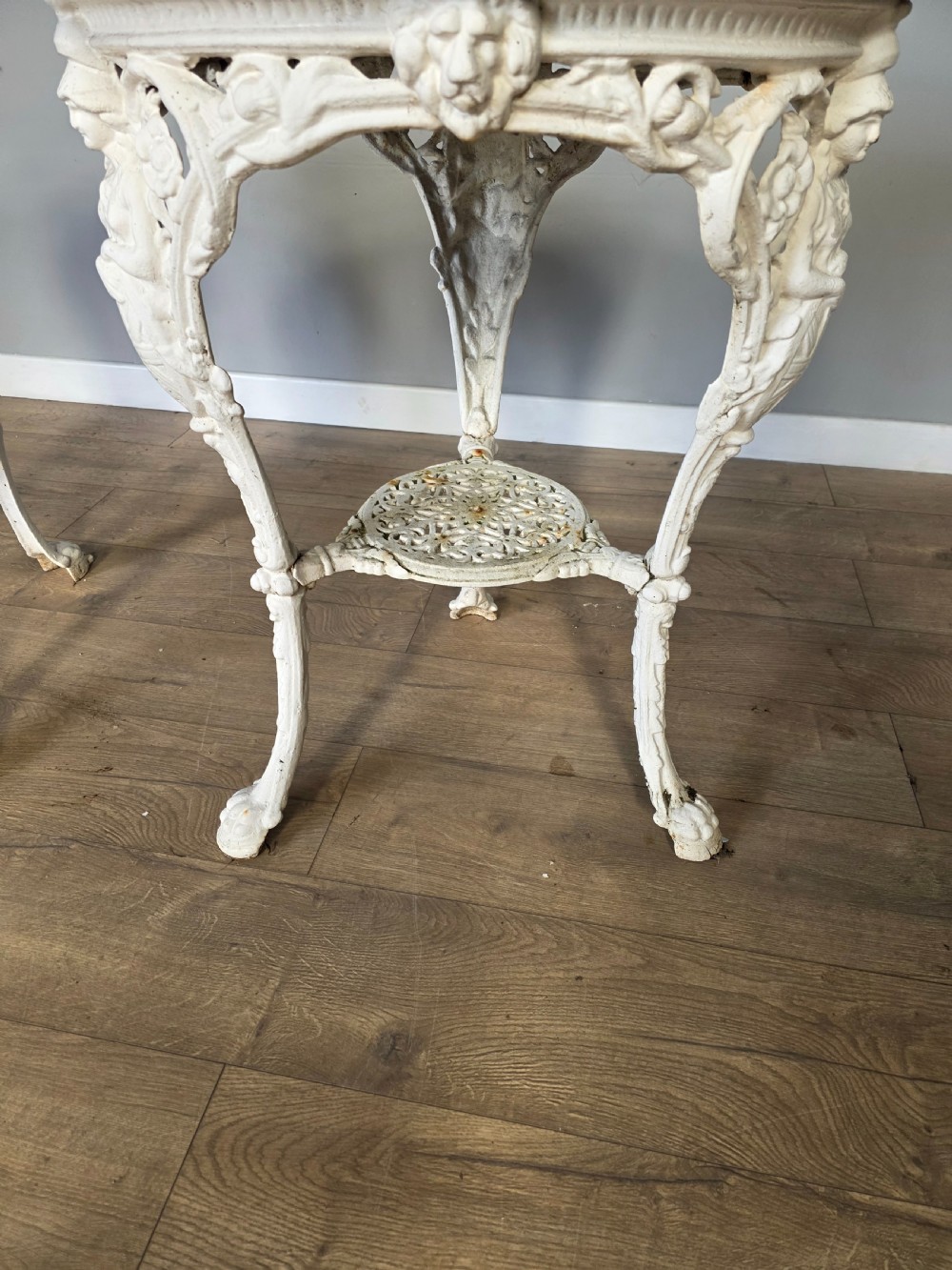 Near Pair Of Cast Iron Victorian Britannia Pub Tables with Matching Solid Oak Tops.  View XV