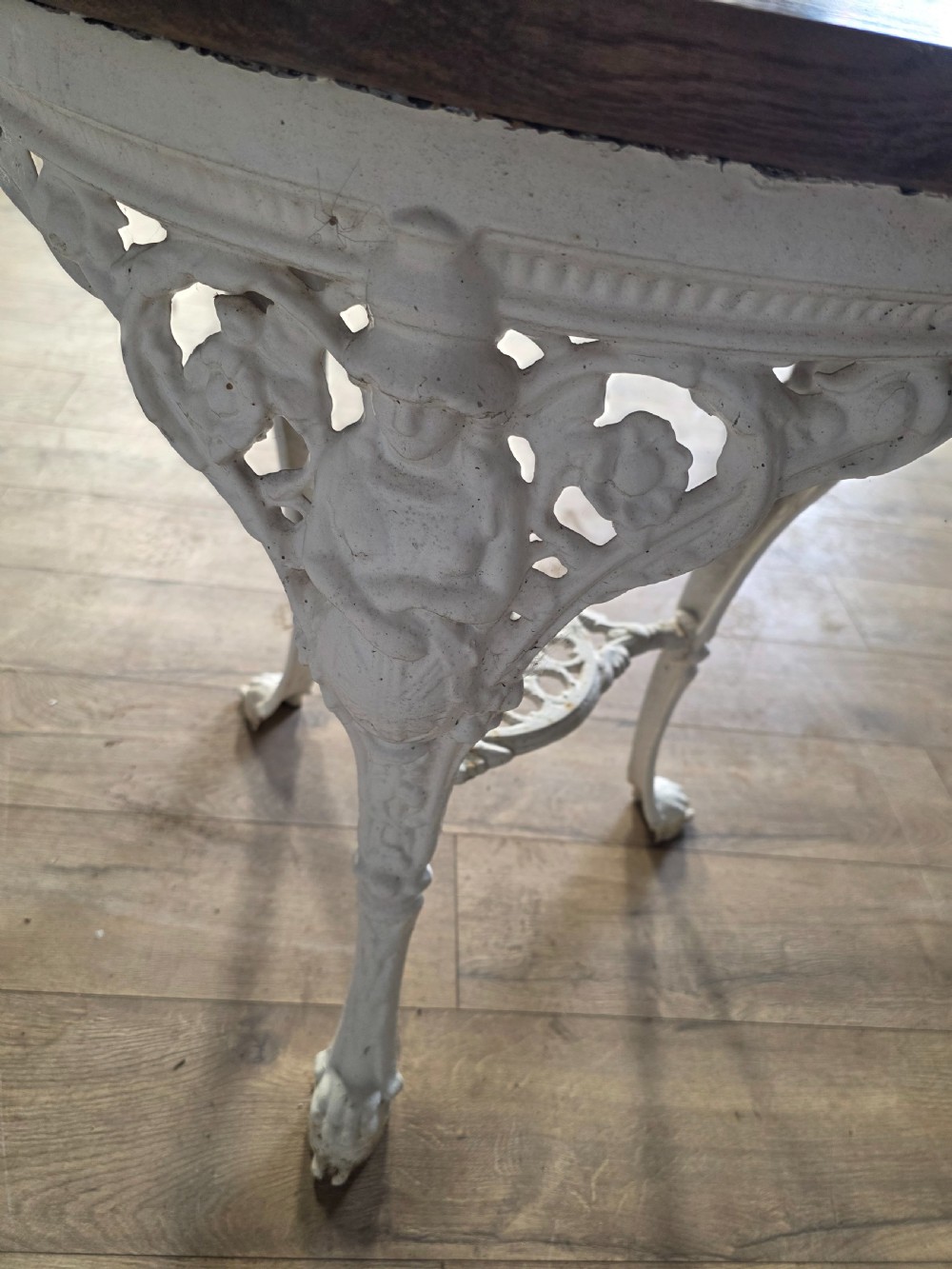 Near Pair Of Cast Iron Victorian Britannia Pub Tables with Matching Solid Oak Tops.  View XVII