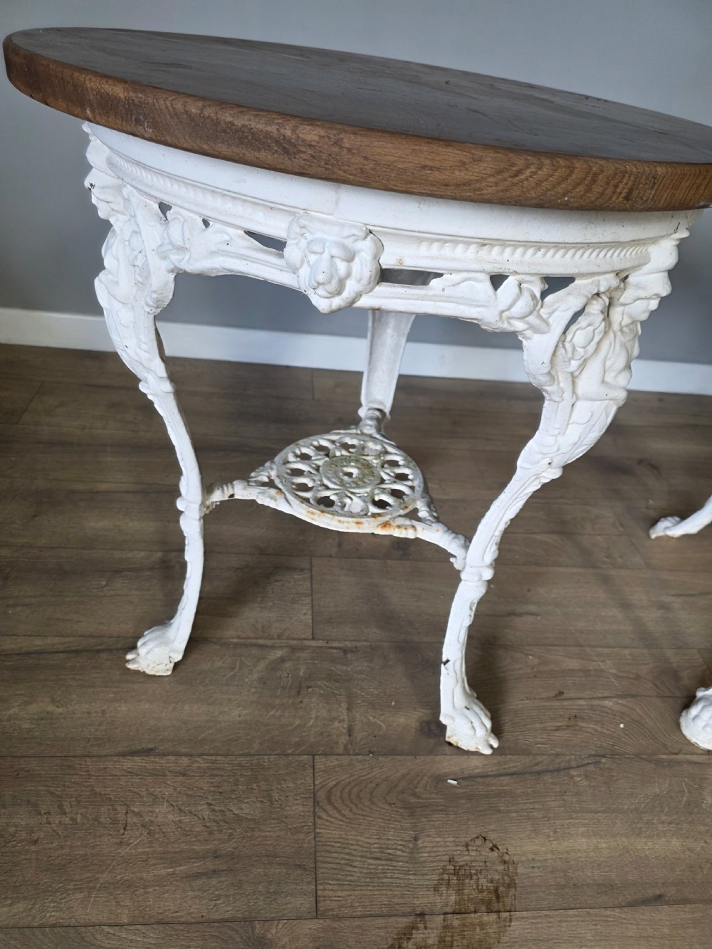 Near Pair Of Cast Iron Victorian Britannia Pub Tables with Matching Solid Oak Tops.  View XVIII