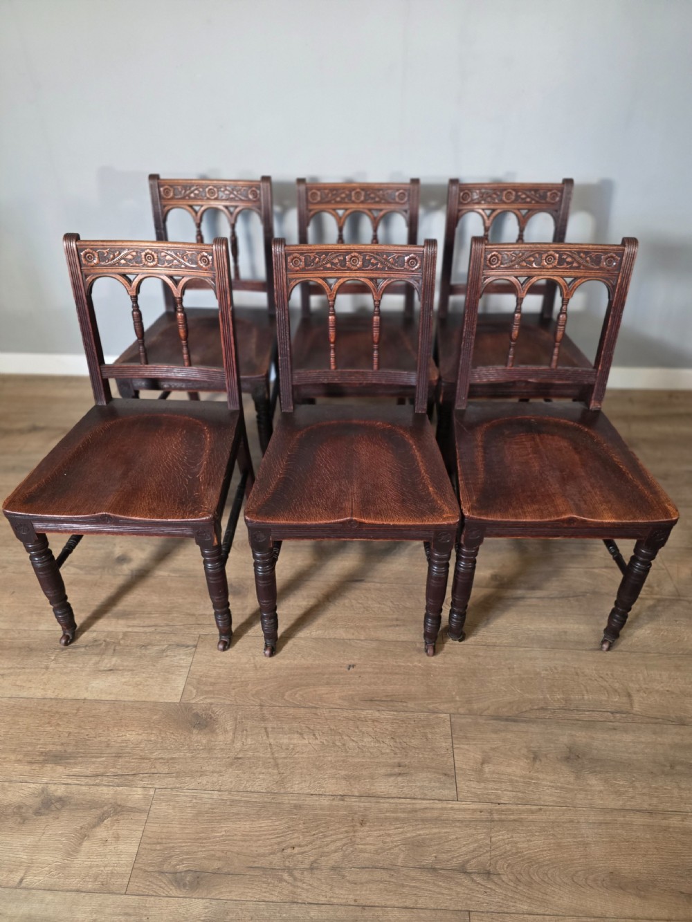 Antique set of 6 English Oak Gothic Dining Chairs 
