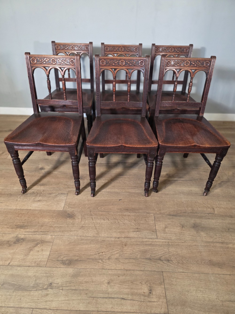 Antique set of 6 English Oak Gothic Dining Chairs  View II