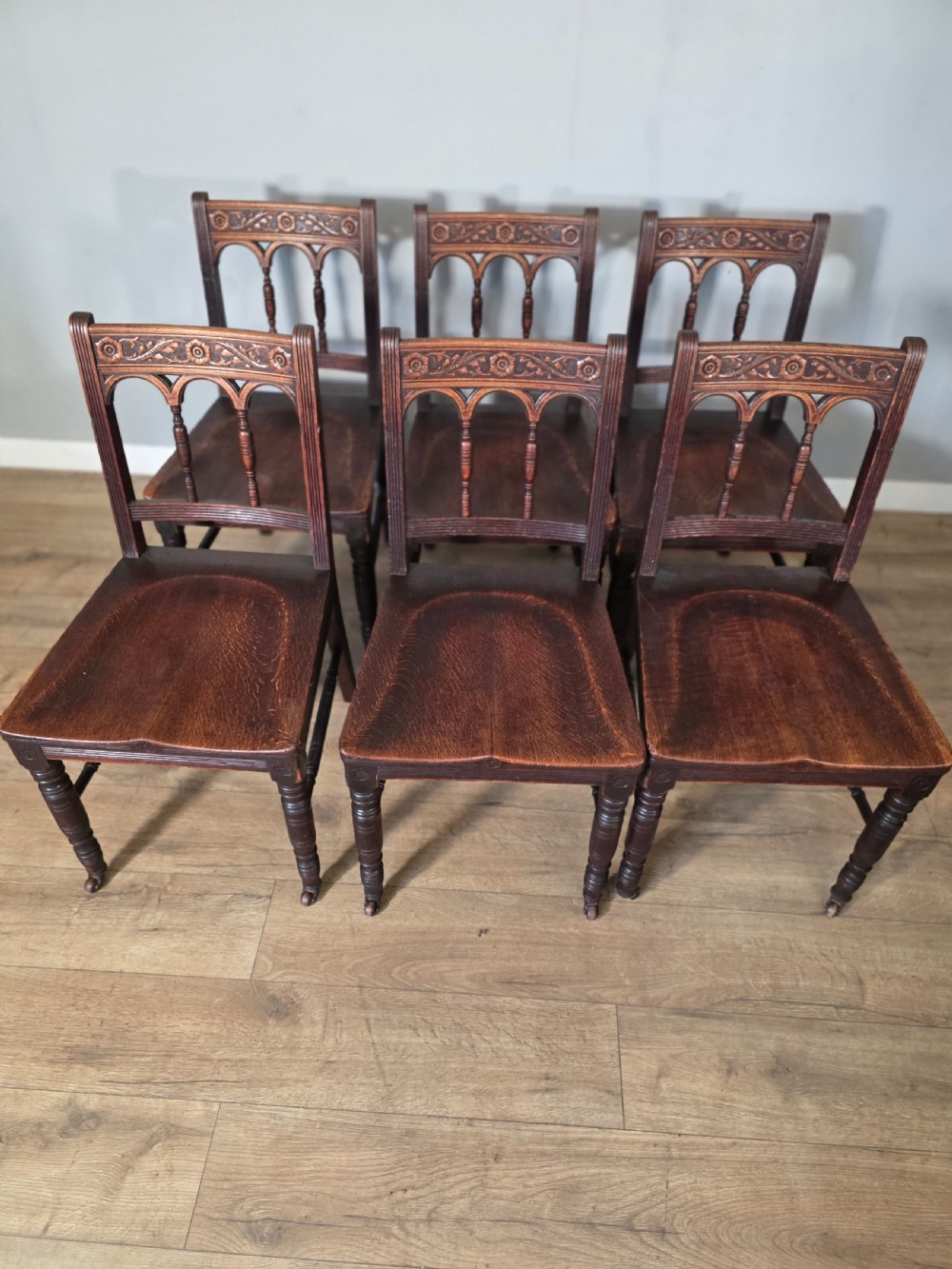 Antique set of 6 English Oak Gothic Dining Chairs  View III