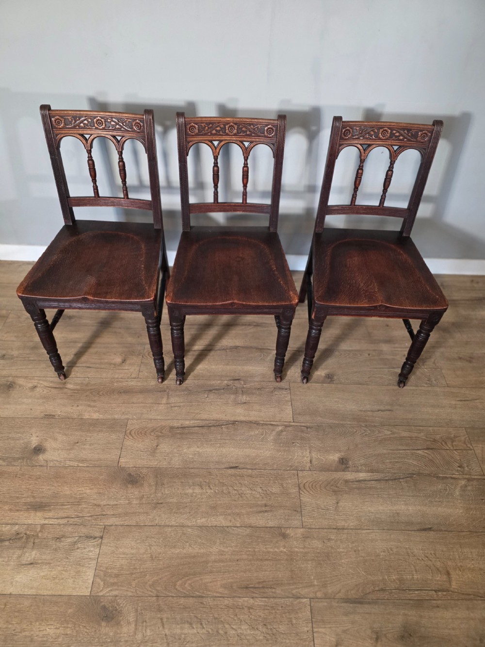 Antique set of 6 English Oak Gothic Dining Chairs  View V