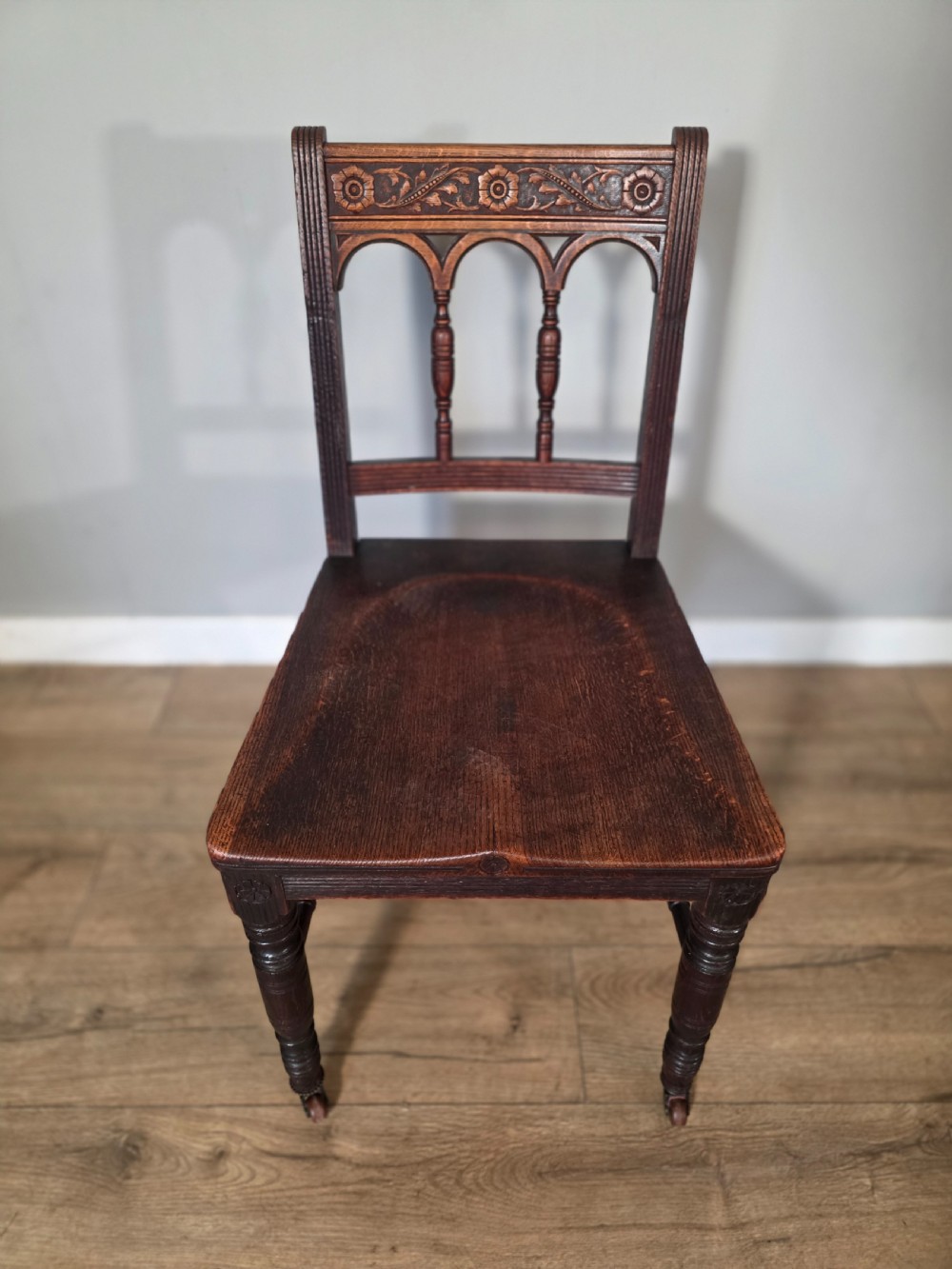Antique set of 6 English Oak Gothic Dining Chairs  View VI
