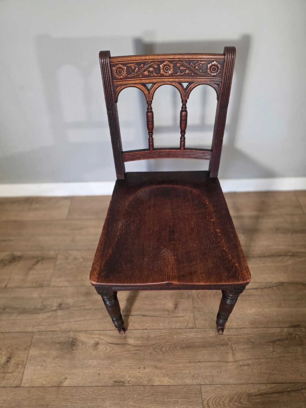 Antique set of 6 English Oak Gothic Dining Chairs  View VII