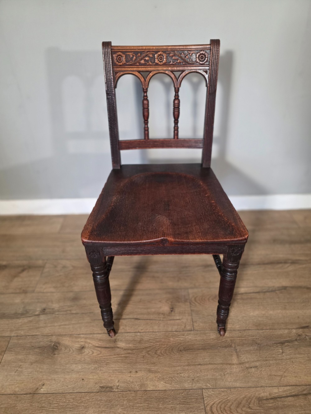 Antique set of 6 English Oak Gothic Dining Chairs  View VIII