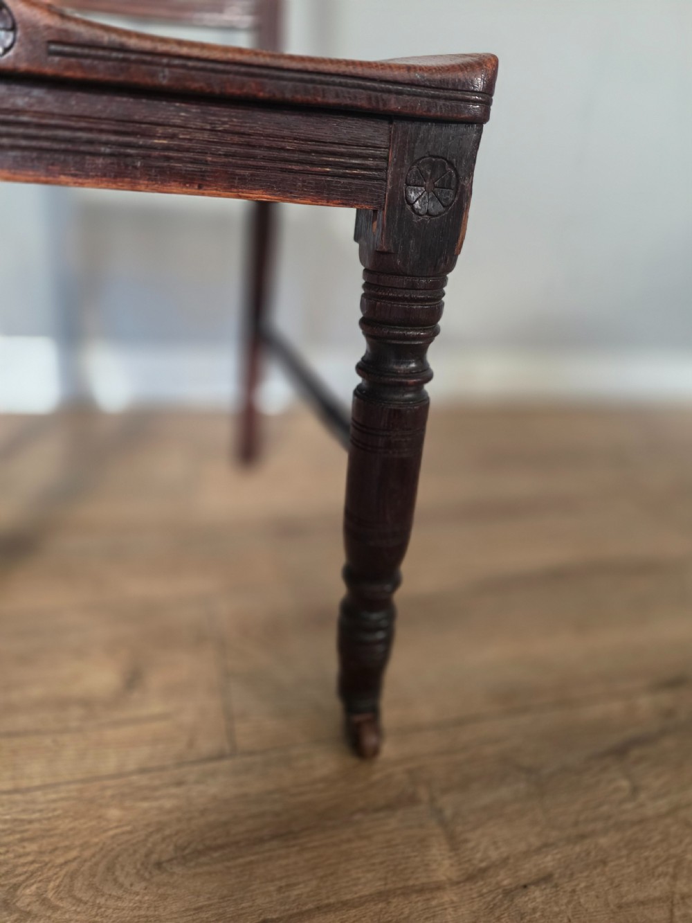 Antique set of 6 English Oak Gothic Dining Chairs  View X