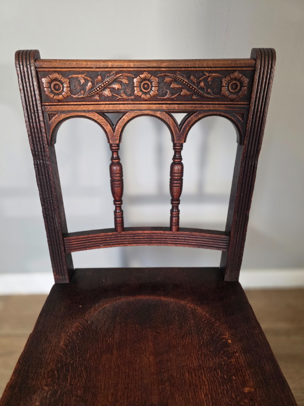 Antique set of 6 English Oak Gothic Dining Chairs  View XI