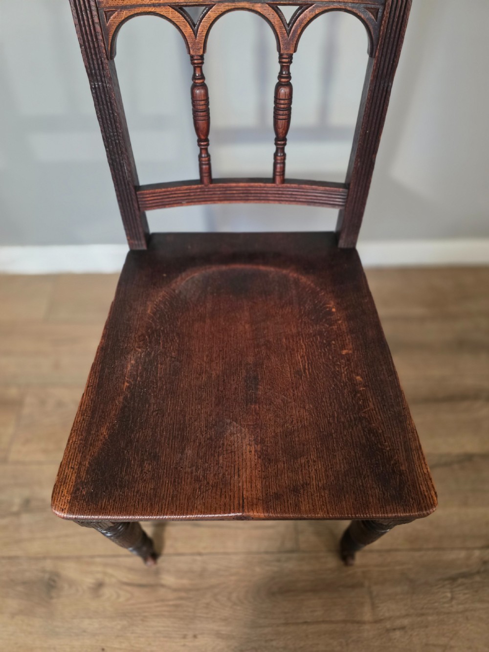 Antique set of 6 English Oak Gothic Dining Chairs  View XII