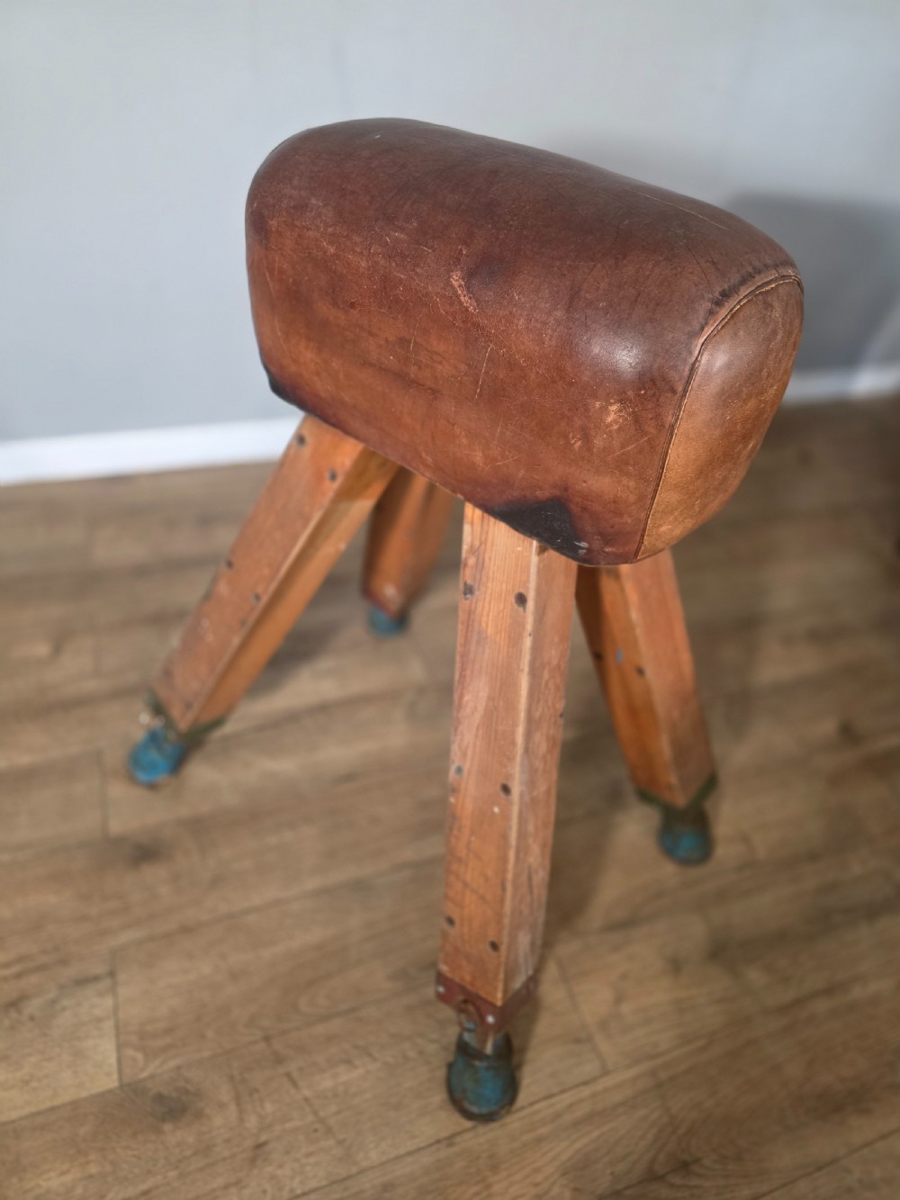 Antique Mid-Century Gymnastic Leather Pommel Horse 