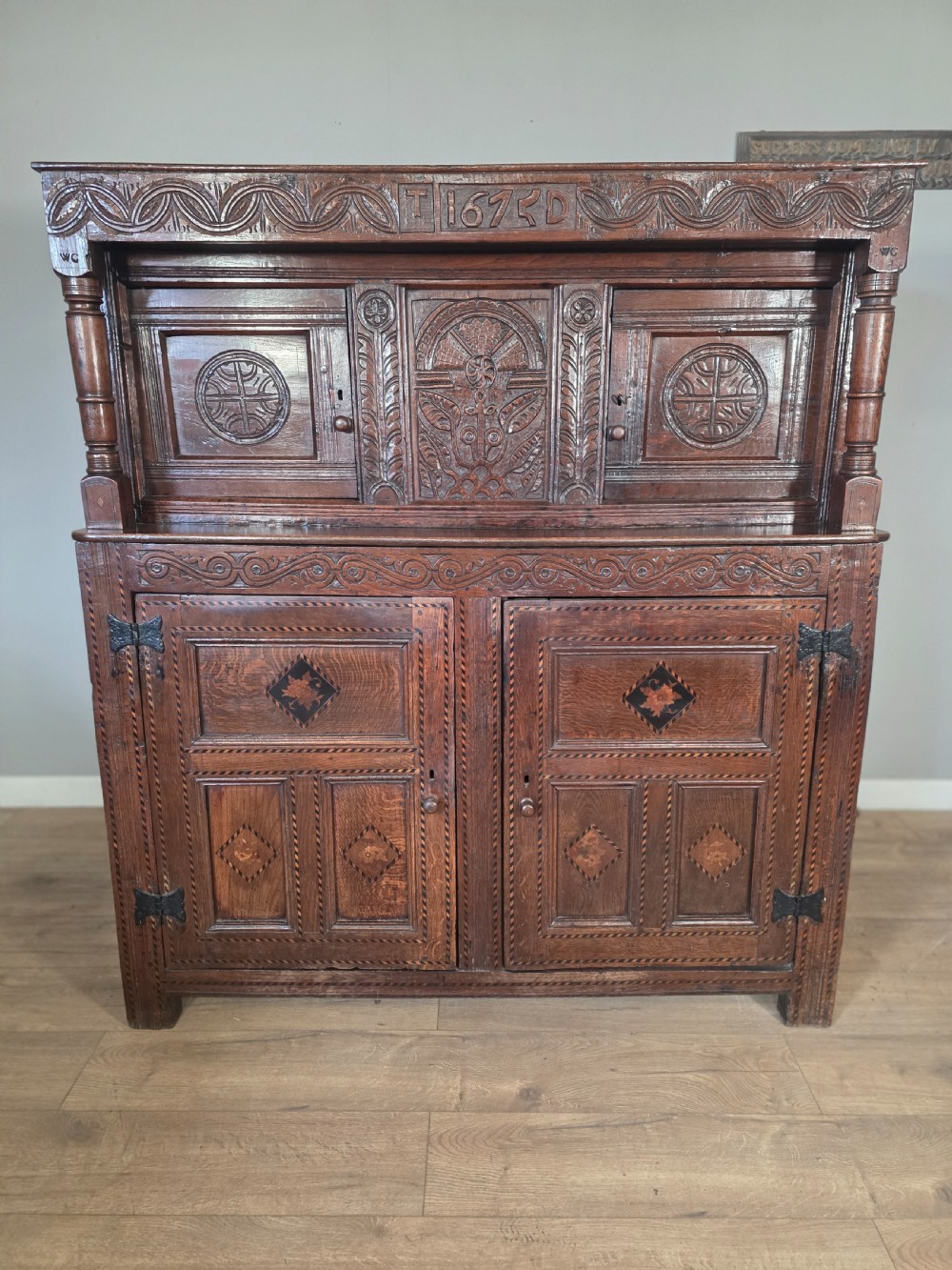 Antique Oak Inlaid Court Cupboard  View II