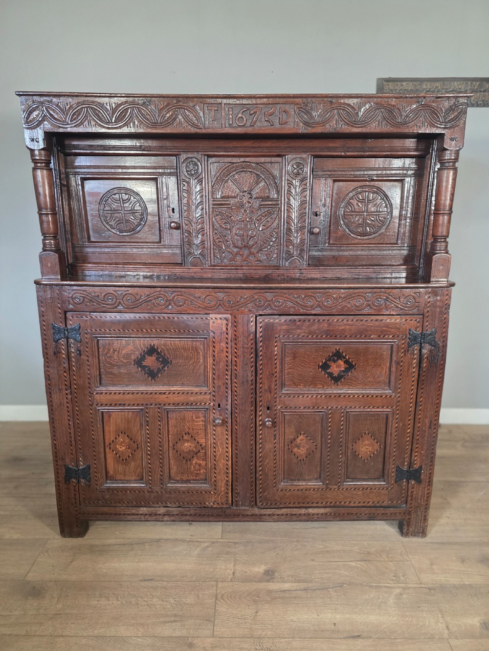 Antique Oak Inlaid Court Cupboard  View III