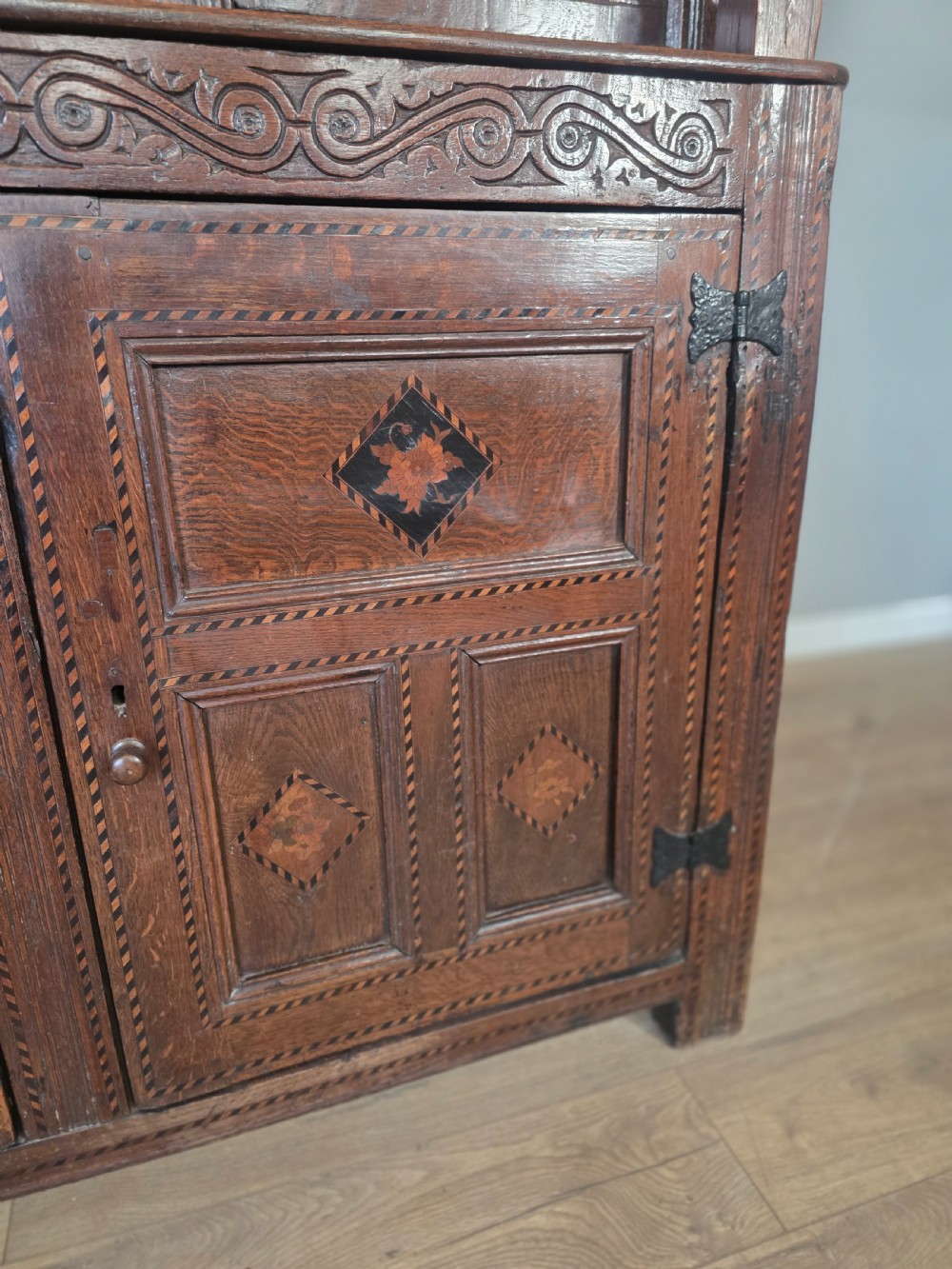 Antique Oak Inlaid Court Cupboard  View IV