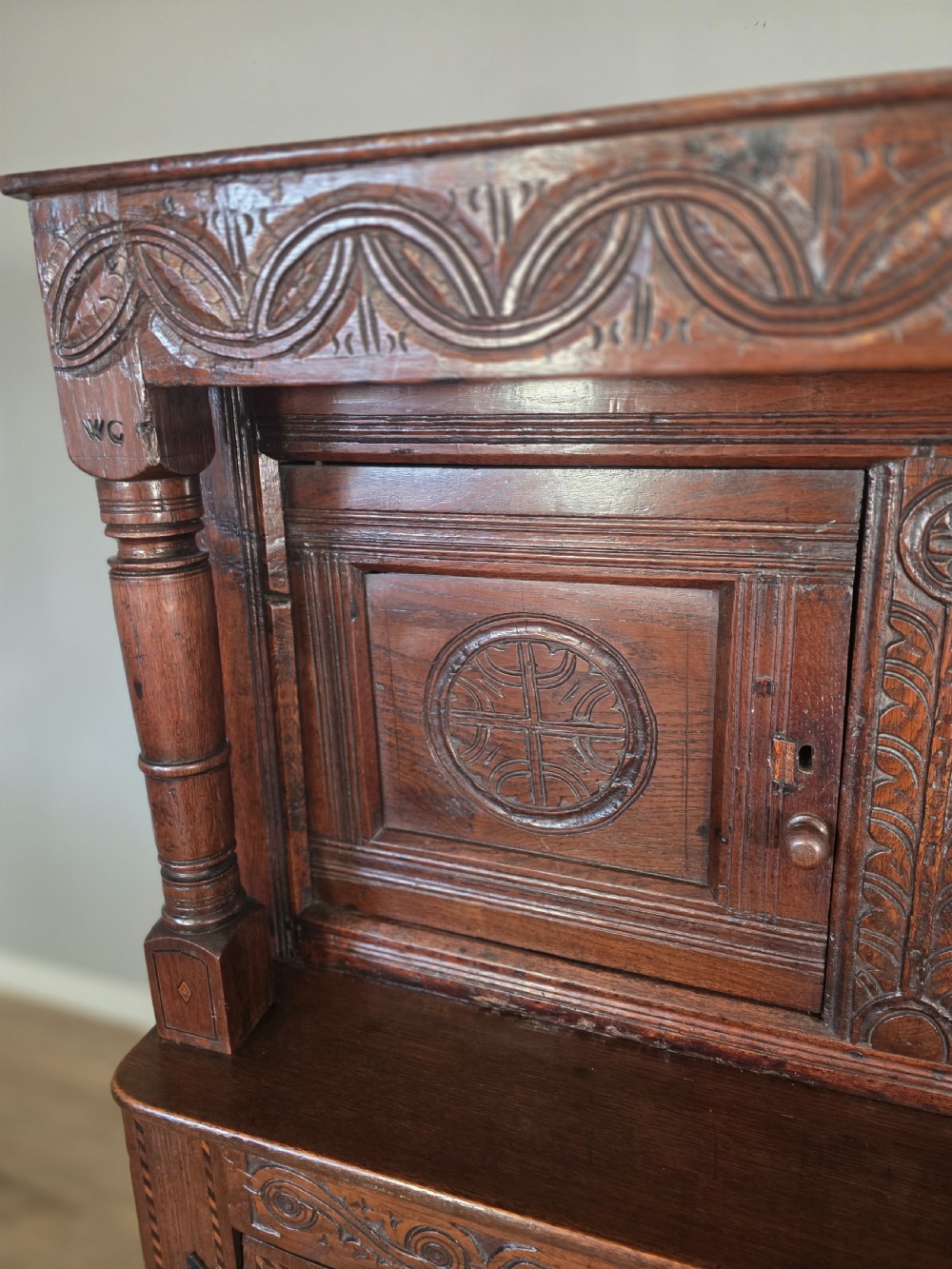 Antique Oak Inlaid Court Cupboard  View V