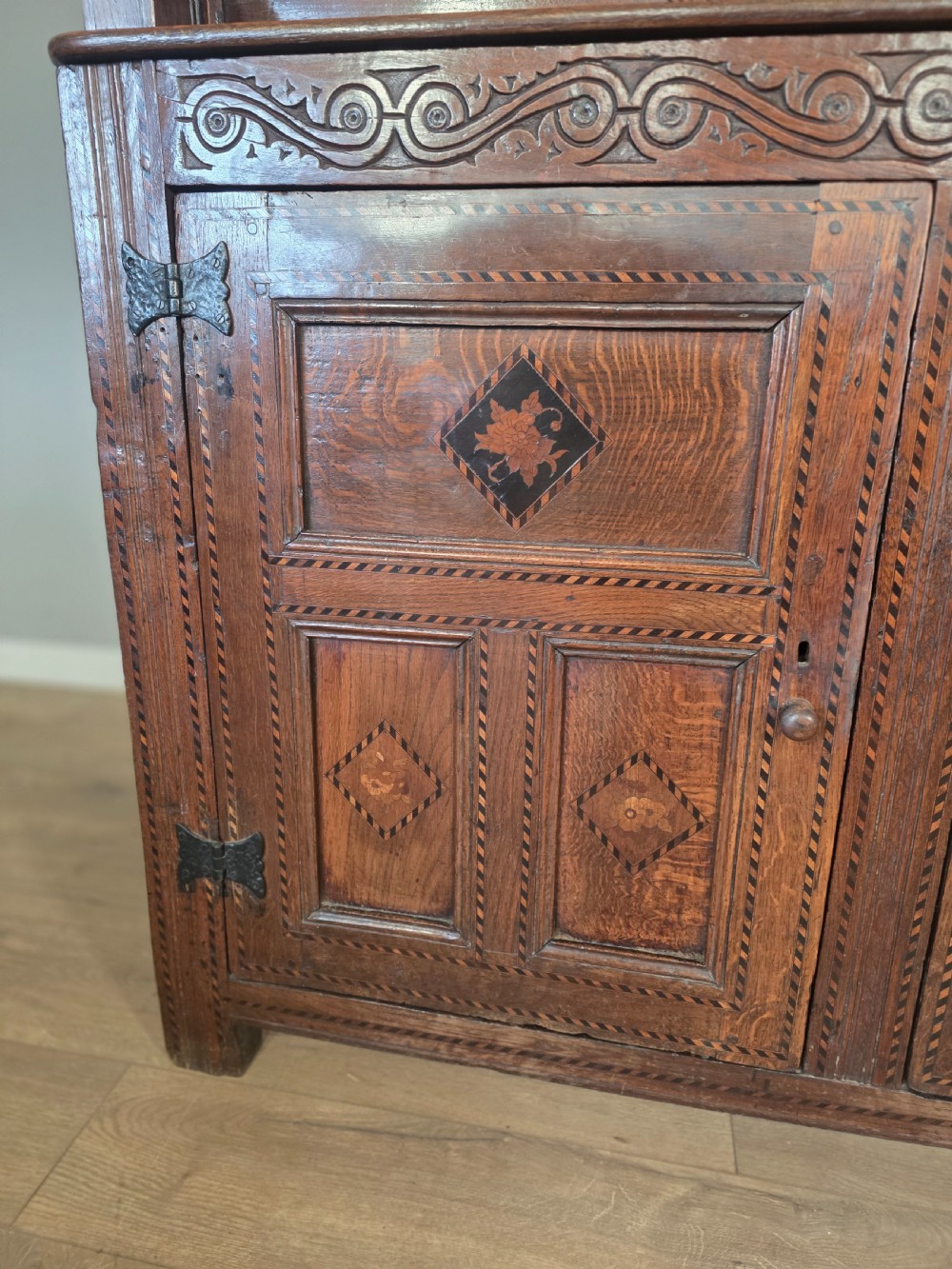 Antique Oak Inlaid Court Cupboard  View VI