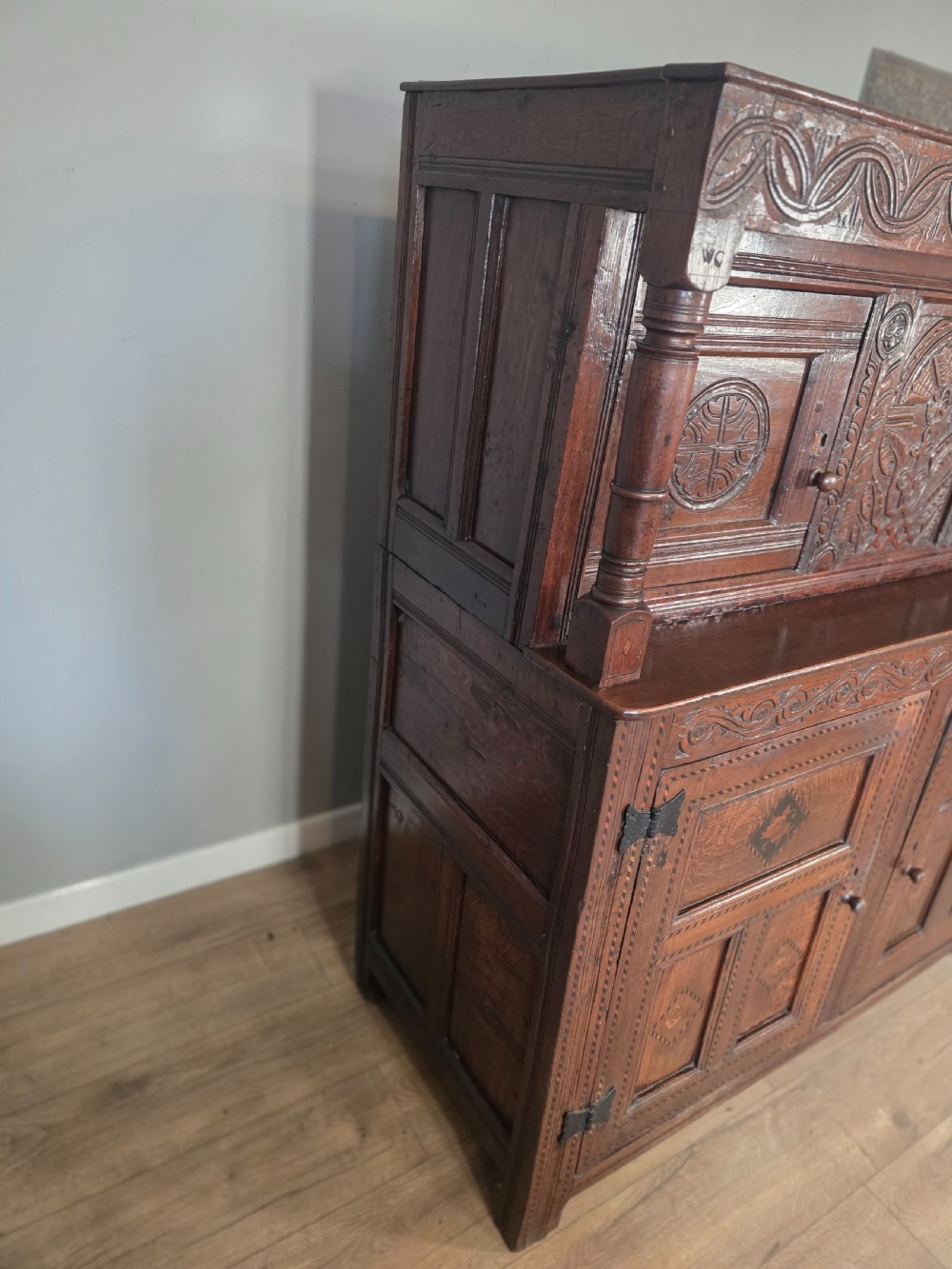 Antique Oak Inlaid Court Cupboard  View VIII