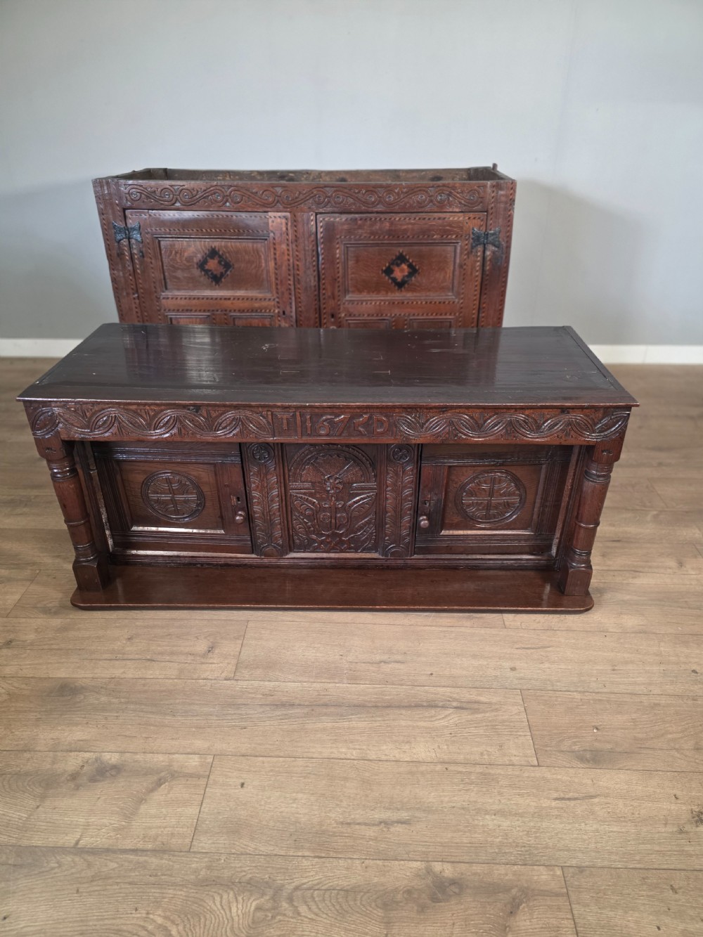 Antique Oak Inlaid Court Cupboard  View XV