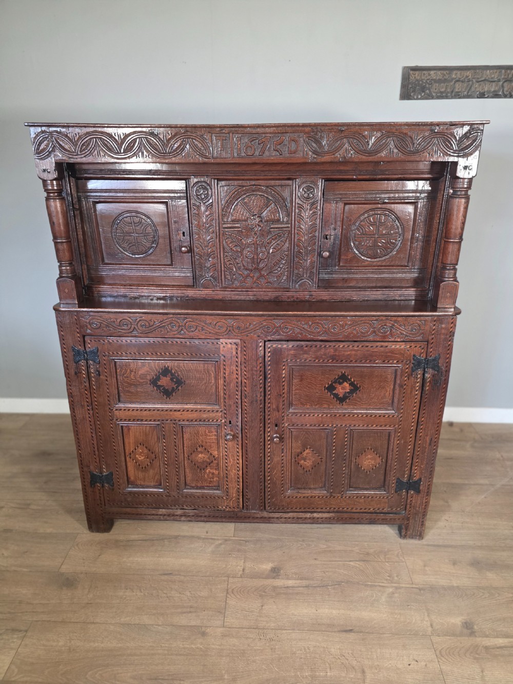 Antique Oak Inlaid Court Cupboard  View XIX