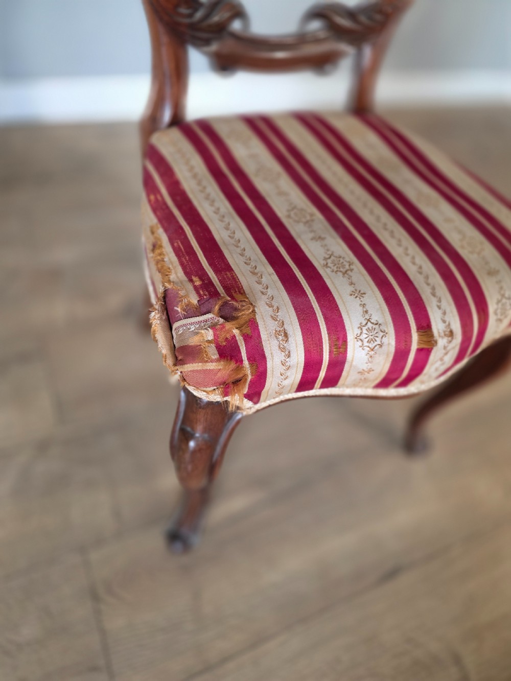 A set of six Victorian rosewood dining chairs featuring open balloon backs, carved waist rails, cabriole legs, and red and gold striped upholstered seats. View X